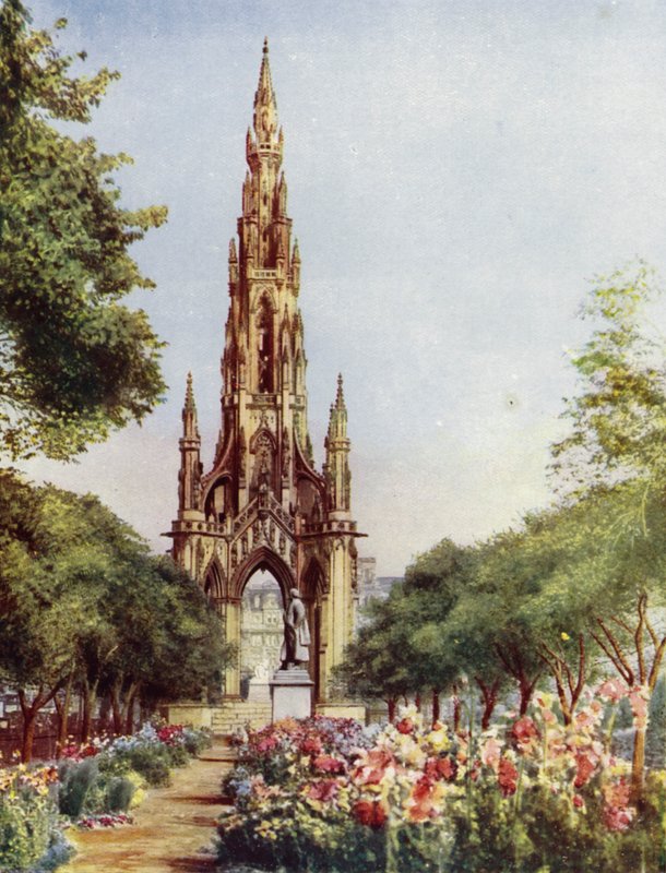 Edinburgh, pomník sira Waltera Scotta (barevná litografie) od English School