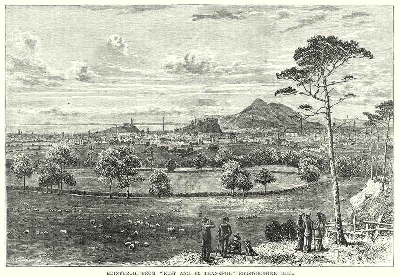 Edinburgh, z "Odpočívej a buď vděčný" Corstorphine Hill (rytina) od English School