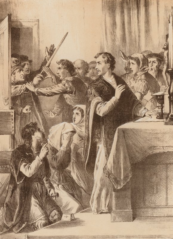 Edmund Genings, "Rozrazil dveře komnaty, kde slavil" (litografie) od English School