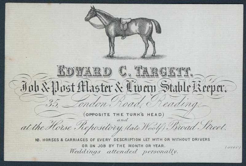 Edward C Targett, mistr práce a pošty a strážce stáje, obchodní karta od English School