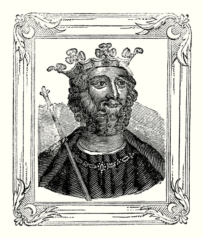 Edward II se narodil v roce 1284, korunován v roce 1308 a zavražděn v roce 1328 (rytina) od English School
