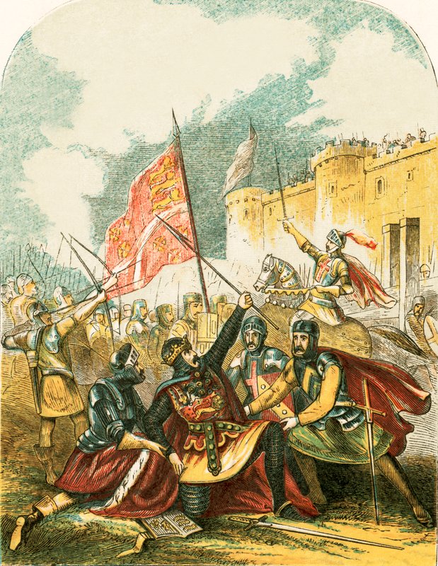 Edward I. ohánějící se oštěpem a přísahající, že pověsí muže, který ho hodil od English School