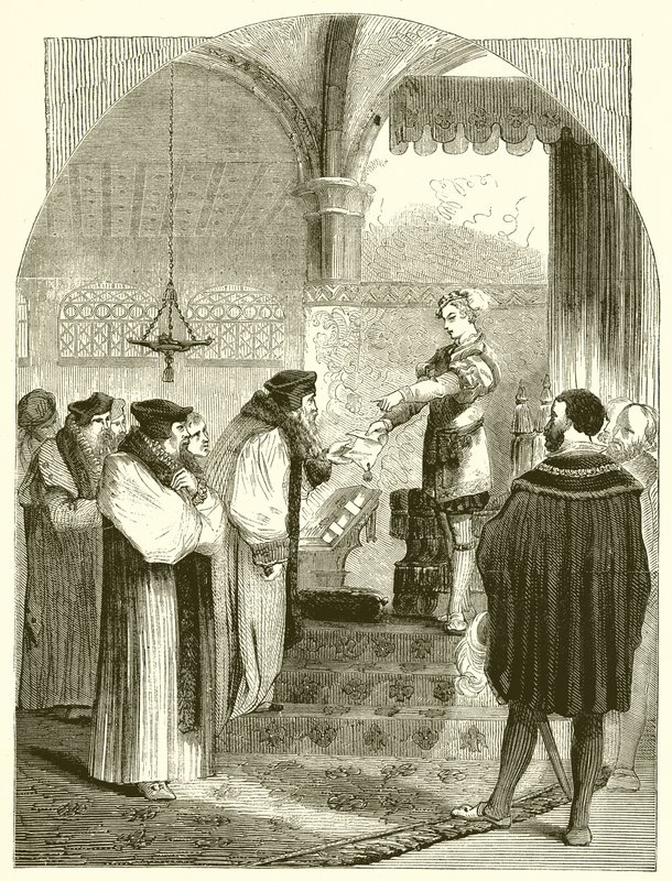 Eduard VI. předložení příkazu k popravě Joan Bocher arcibiskupovi Cranmerovi od English School