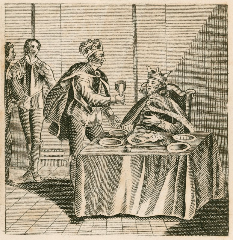 Edward, Černý princ, čeká na svého zajatce, francouzského krále Jana II od English School