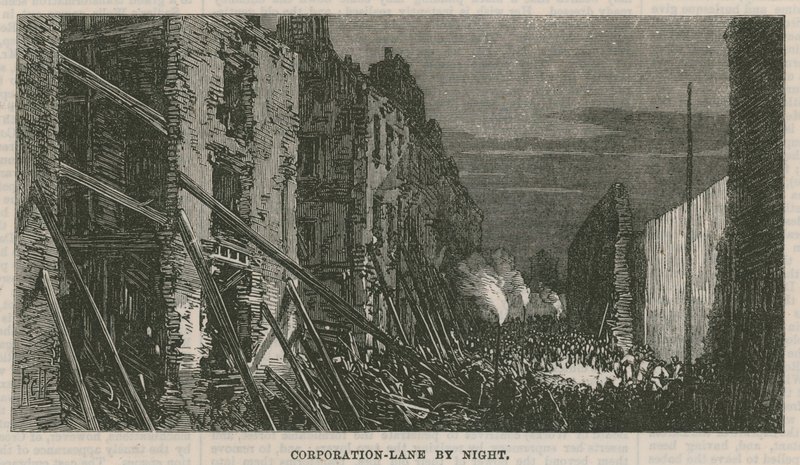 Účinky exploze v Clerkenwell: Corporation Lane v noci od English School