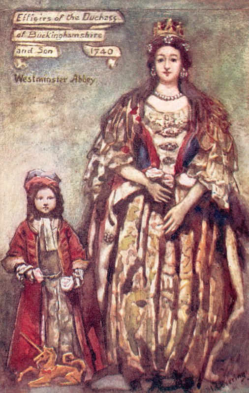 Podobizny vévodkyně z Buckinghamu a jejího syna ve Westminsterském opatství (barevná litografie) od English School