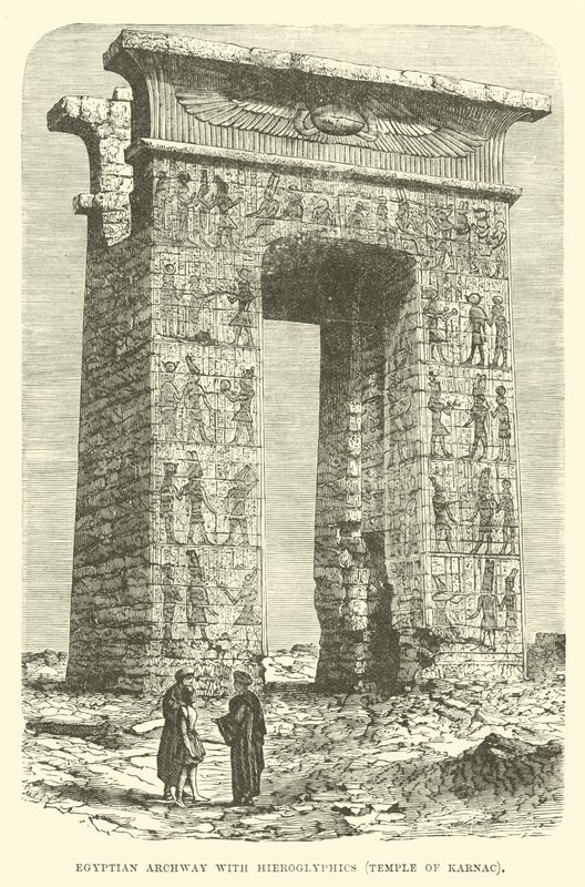 Egyptský oblouk s hieroglyfy, chrám v Karnaku od English School