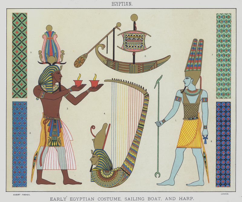 Egyptský, raně egyptský kostým, plachetnice a harfa (barevná litho) od English School