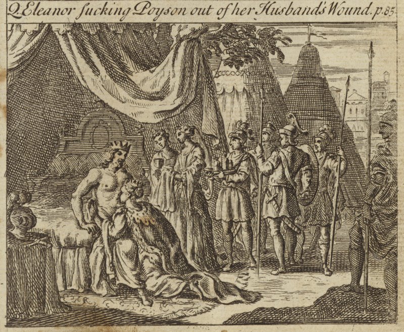 Eleonora Kastilská, královna choť anglického krále Edwarda I., vysávající jed z manželovy rány, utrpěla při pokusu o atentát v Acre, 1272 od English School