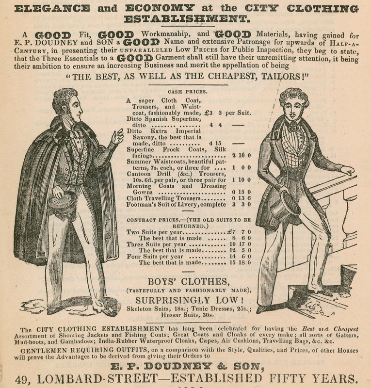 Elegance a hospodárnost v City Clothing Establishment; E P Doudney & Son, 49 Lombard Street, Londýn od English School