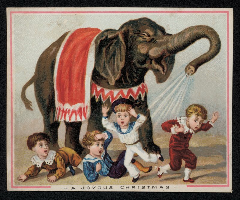 Slon hravě sprchuje děti vodou, vánoční přání. (chromolitho) od English School
