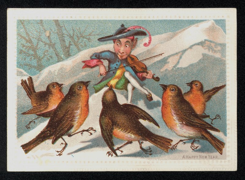 Elf s houslemi baví skupinu červenek, novoroční přání. (chromolitho) od English School