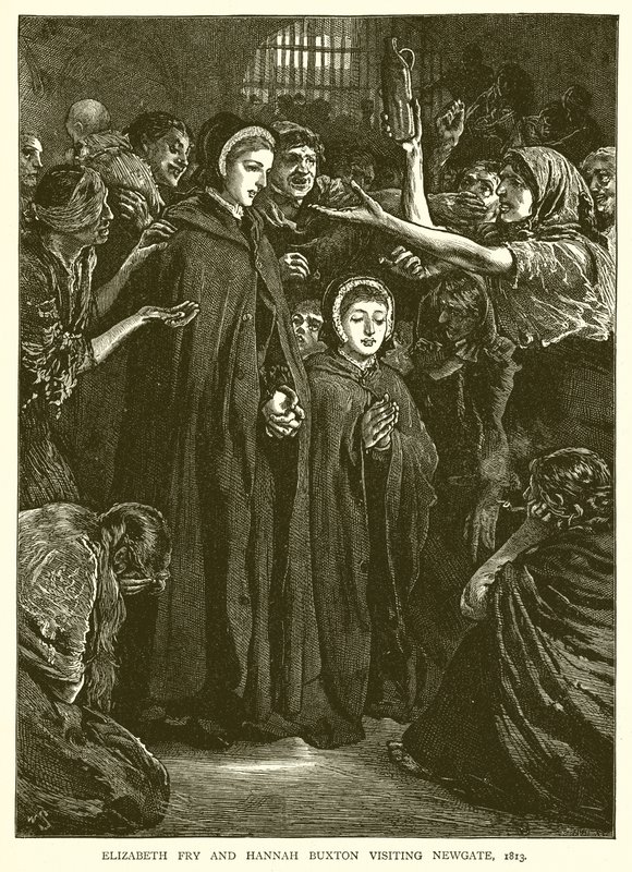 Elizabeth Fry a Hannah Buxton na návštěvě Newgate, 1813 od English School