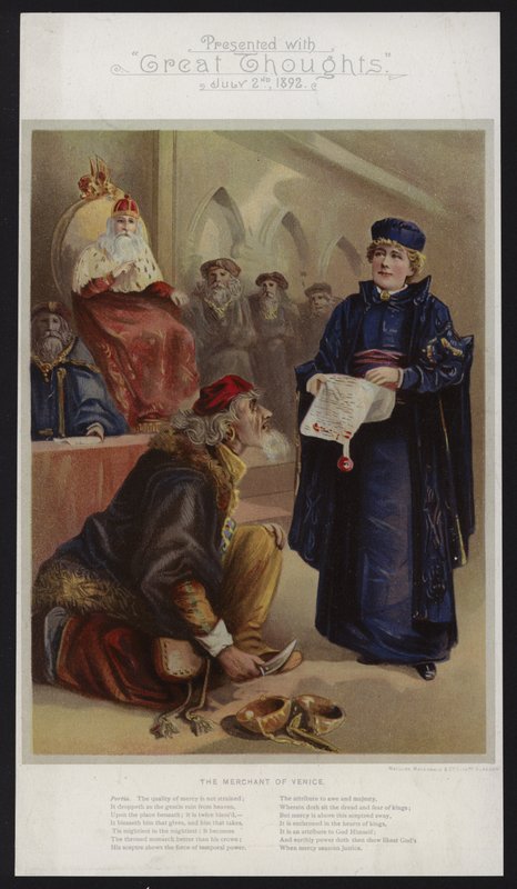Ellen Terry jako Portia v Kupci benátském od English School