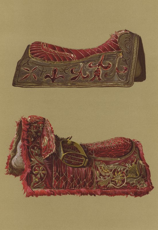 Vyšívaná sametová sedla prince Ruperta a krále Karla I. (chromolitho) od English School