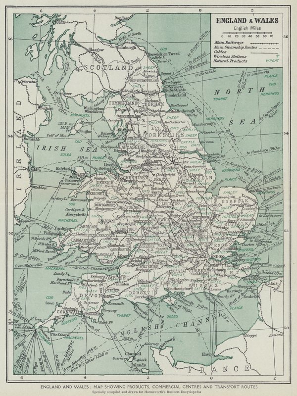 Anglie a Wales, Mapa zobrazující produkty, obchodní centra a dopravní trasy (litografie) od English School