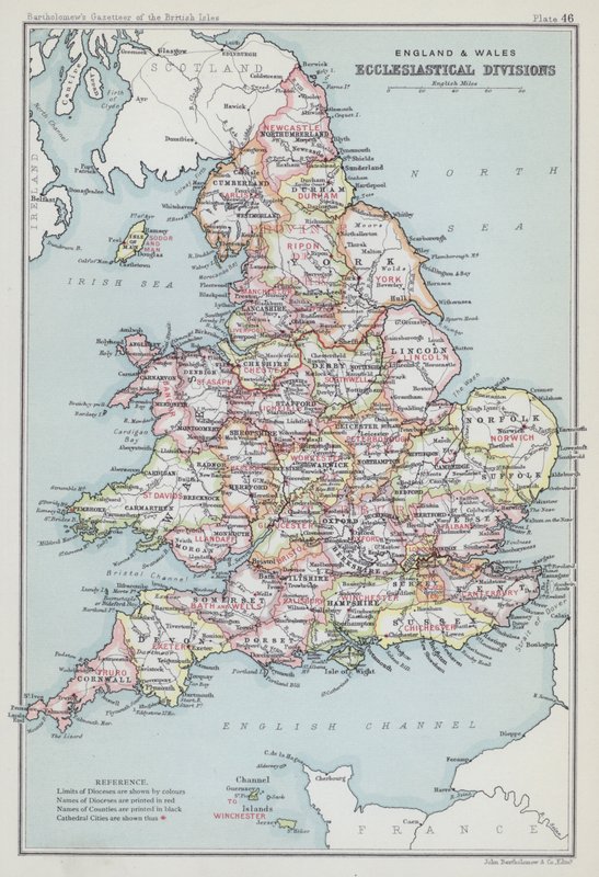 Anglie a Wales, církevní rozdělení (barevná litografie) od English School