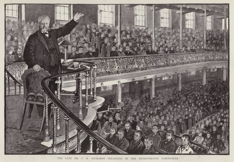Anglický konkrétní baptistický kazatel Charles Haddon Spurgeon káže v Metropolitan Tabernacle v Londýně (litho) od English School