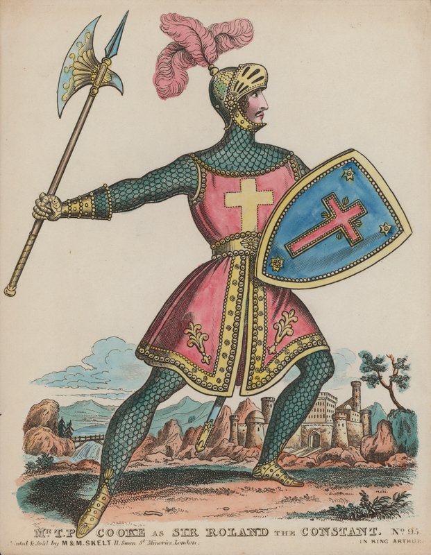Anglický herec Thomas Potter Cooke jako Sir Roland Konstantní ve filmu Král Artuš (barevná rytina) od English School