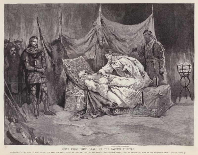 Angličtí herci Henry Irving a Ellen Terry v inscenaci Shakespearova Krále Leara v divadle Lyceum v Londýně od English School