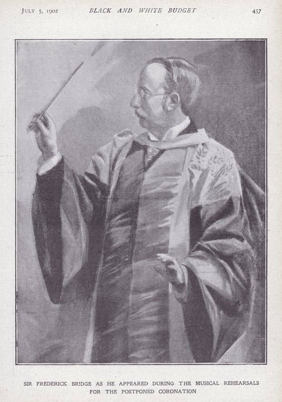 Anglický skladatel, varhaník a dirigent Sir Frederick Bridge zkouší na odloženou korunovaci krále Edwarda VII od English School