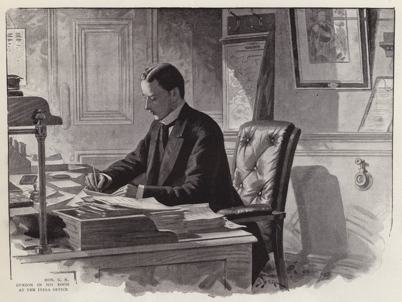 Anglický politik George Curzon při práci ve své kanceláři na India Office (litografie) od English School