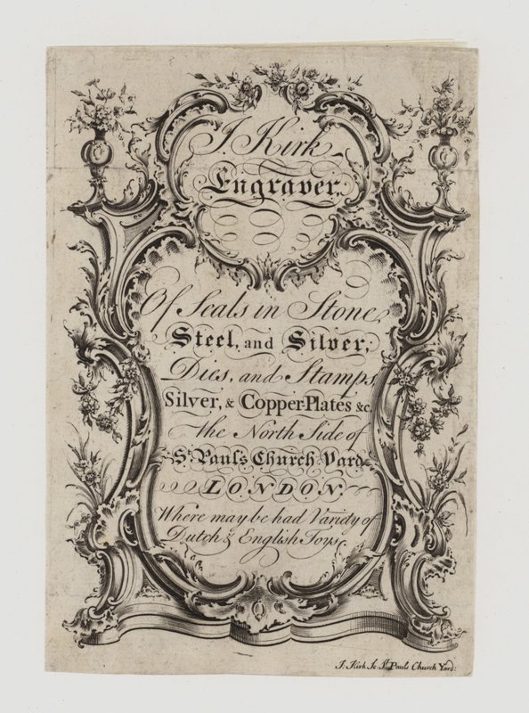 Engravers of Seals, J Kirk, obchodní karta od English School