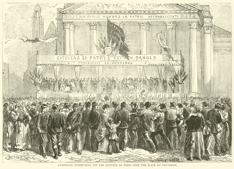 Registrace dobrovolníků na obranu Paříže na náměstí Place du Pantheon, říjen 1870 od English School