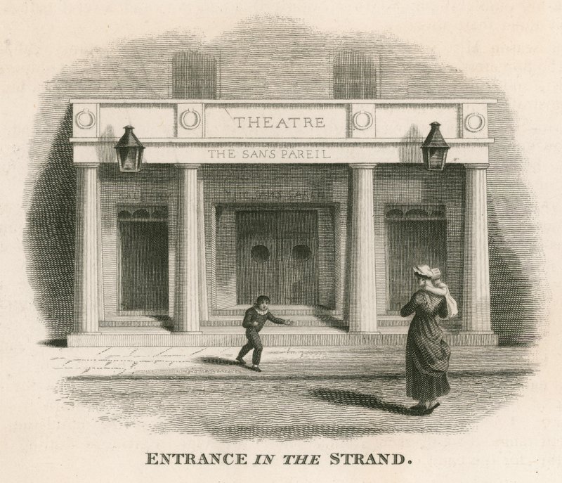 Vstup do The Strand of the Sans Pareil Theatre (Adelphi Theatre), Londýn od English School