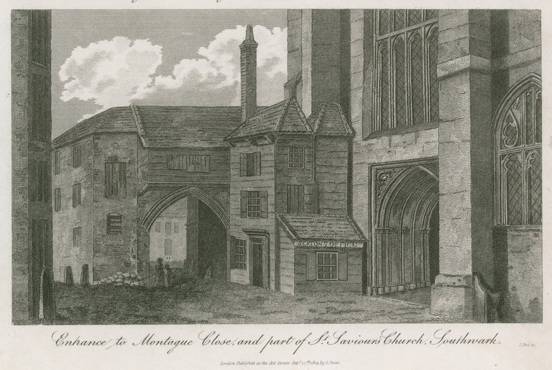 Vchod do Montague Close a část kostela St Saviours, Southwark, Surrey od English School