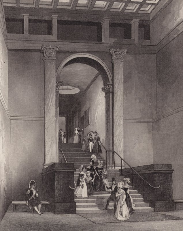 Vchod do Národní galerie, Londýn (rytina) od English School