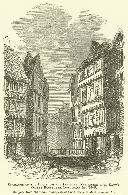 Vchod do Side z Sandhill, Newcastle s kavárnou Katys, Lort Burn atd., 1640, navržený podle starých pohledů, plánů, stávajících a v poslední době existujících pozůstatků atd. od English School