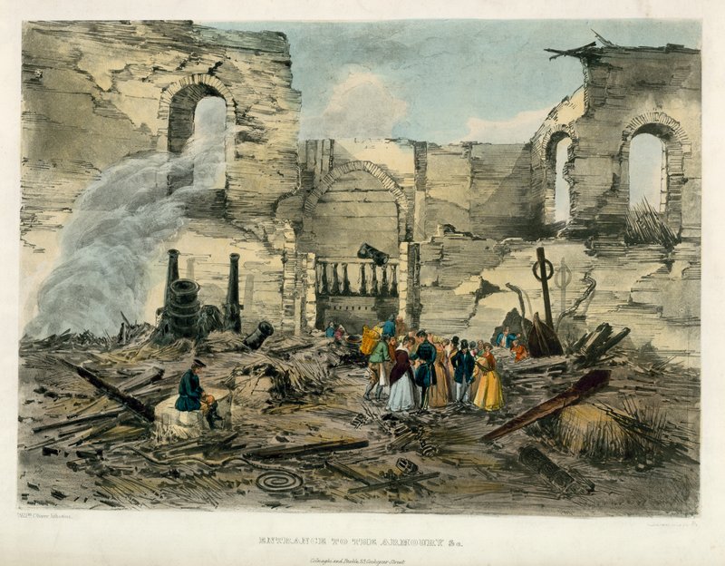 Vchod do zbrojnice, požár londýnského Toweru, 1841 od English School