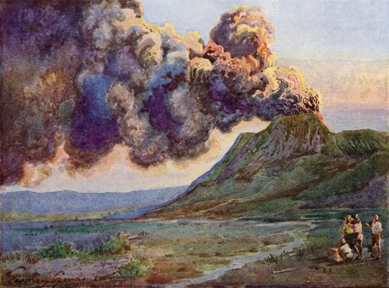 Erupce hory Bromo, Jáva, Indonésie (barva litho) od English School