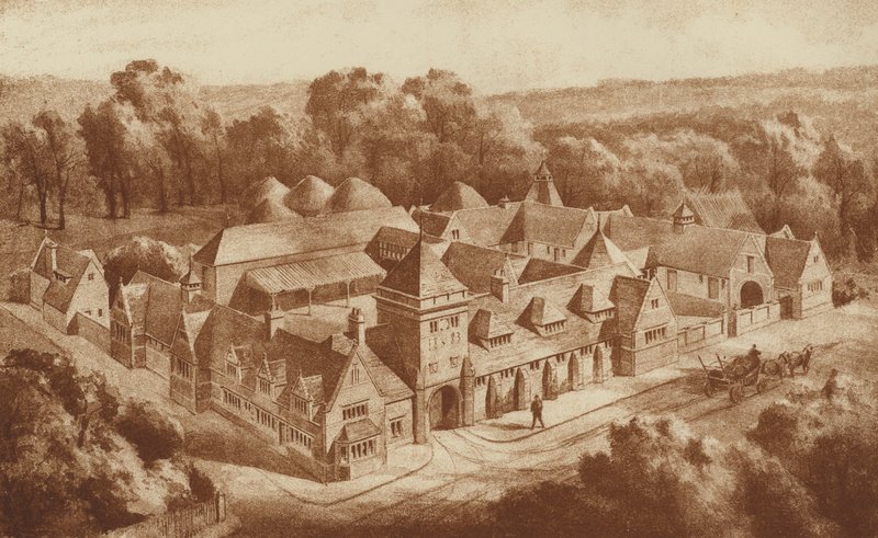 Stavby a stáje, Clipsham, Rutland (litografie) od English School