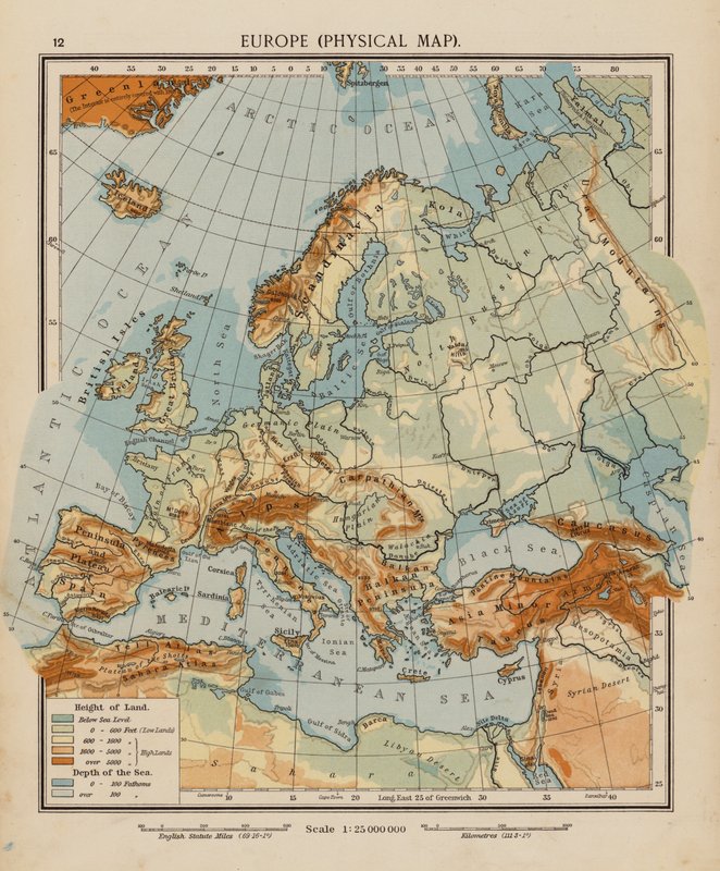 Evropa, fyzická mapa (barevná litografie) od English School
