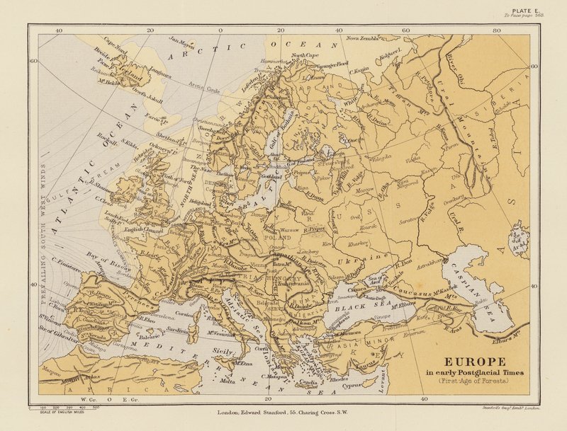 Evropa v raném postglaciálu (barevná litografie) od English School