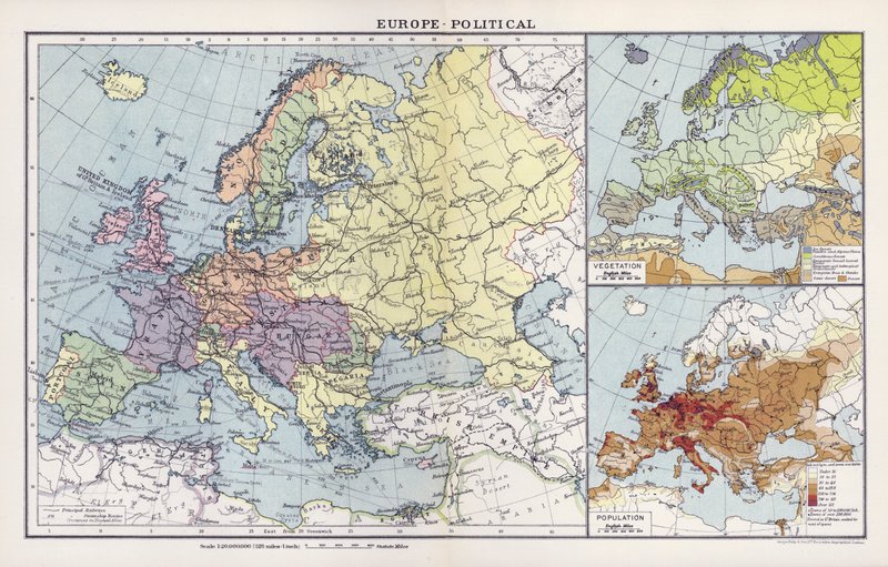Evropa, politická (barevná litografie) od English School