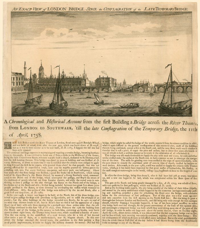 Přesný pohled na London Bridge od požáru pozdního dočasného mostu, 11. dubna 1758 od English School