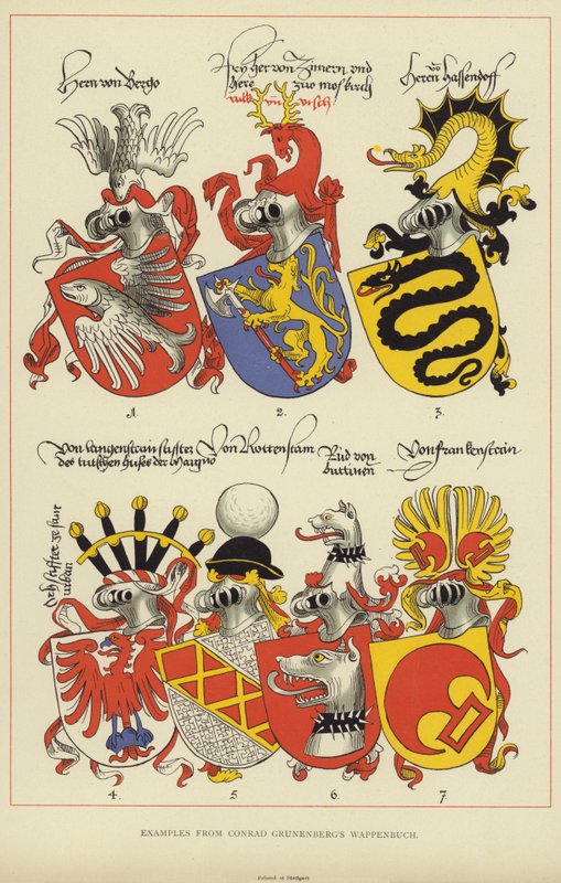 Příklady z Wappenbuchu Conrada Grunenberga (barevné lito) od English School