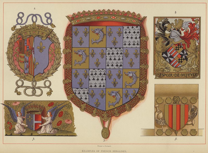 Příklady francouzské heraldiky (barevné lito) od English School