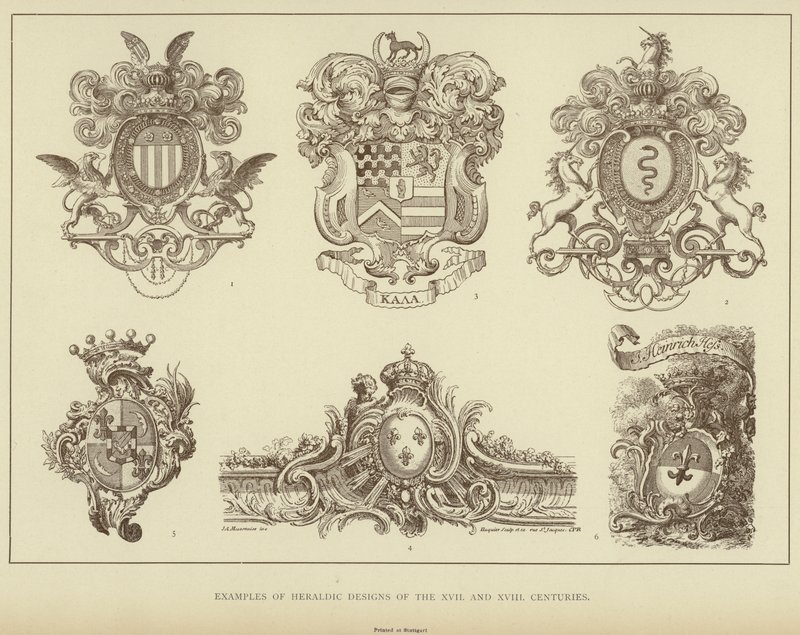 Příklady heraldických vzorů XVII a XVIII století (litho) od English School