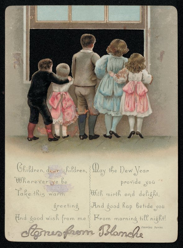 Nadšené děti při pohledu z okna, novoroční přání. (chromolitho) od English School