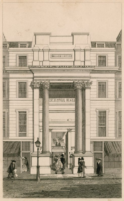 Exeter Hall, Strand, Londýn; z Gentlemans Magazine; důkaz od English School