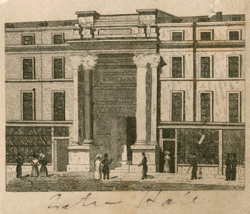 Exeter Hall, Strand, Londýn; důkaz od English School