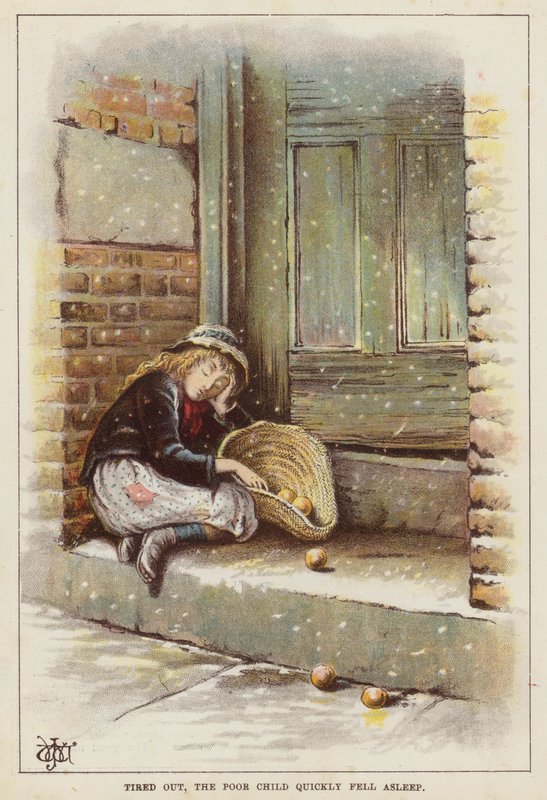 Vyčerpané dítě spí na prahu ve sněhu (chromolitho) od English School