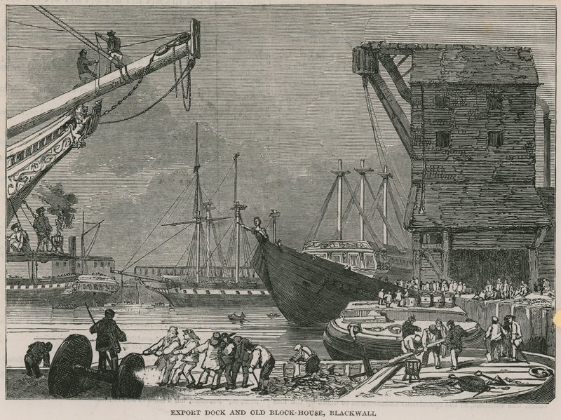 Export dok a starý Block House, Blackwall od English School