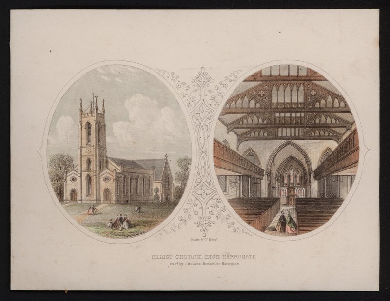 Vnější a vnitřní pohledy na Christ Church, Harrogate, Yorkshire (barevná rytina) od English School
