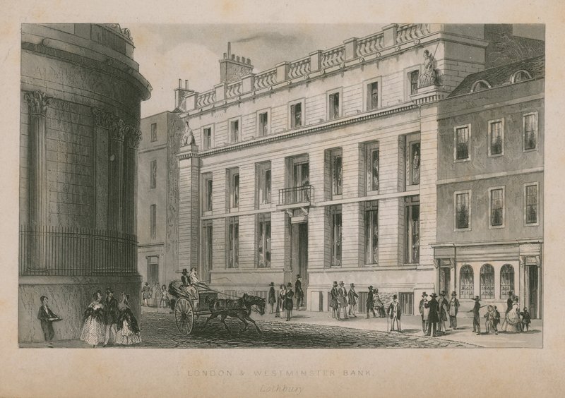 Exteriér londýnské a Westminsterské banky od English School