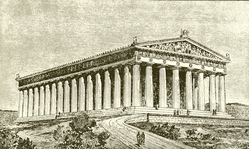 Exteriér Parthenonu v Aténách v době jeho stavitelů od English School